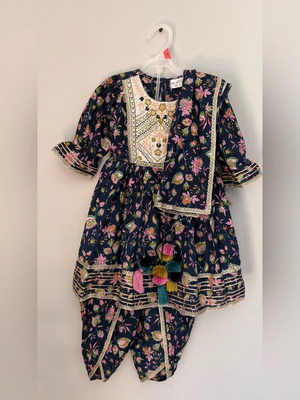 Kids Floral Navy Embroidered Dress with Tassel Accents